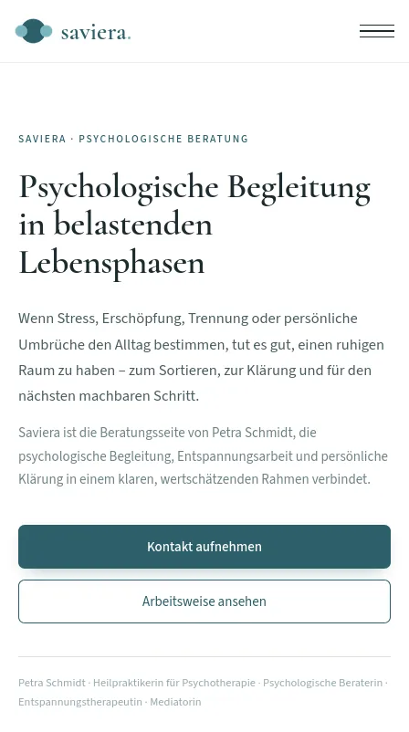 Startseite der Website Saviera in der mobilen Ansicht